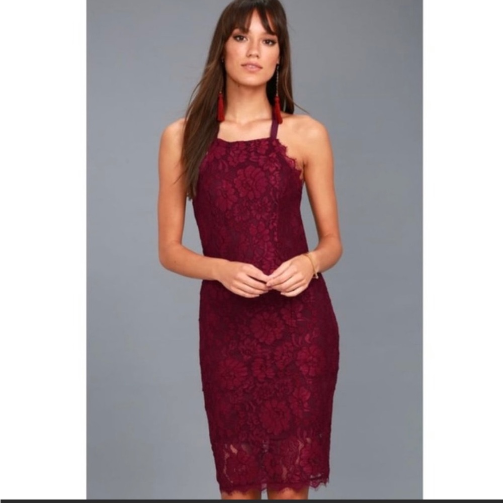 Wishful Wanderings Burgundy Lace Bodycon Midi Dress
